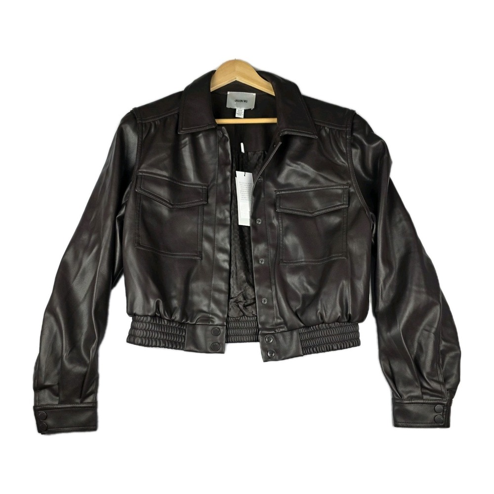 Jason Wu‎ Jacket Womens Size Medium Espresso Faux Leather Collared Crop New